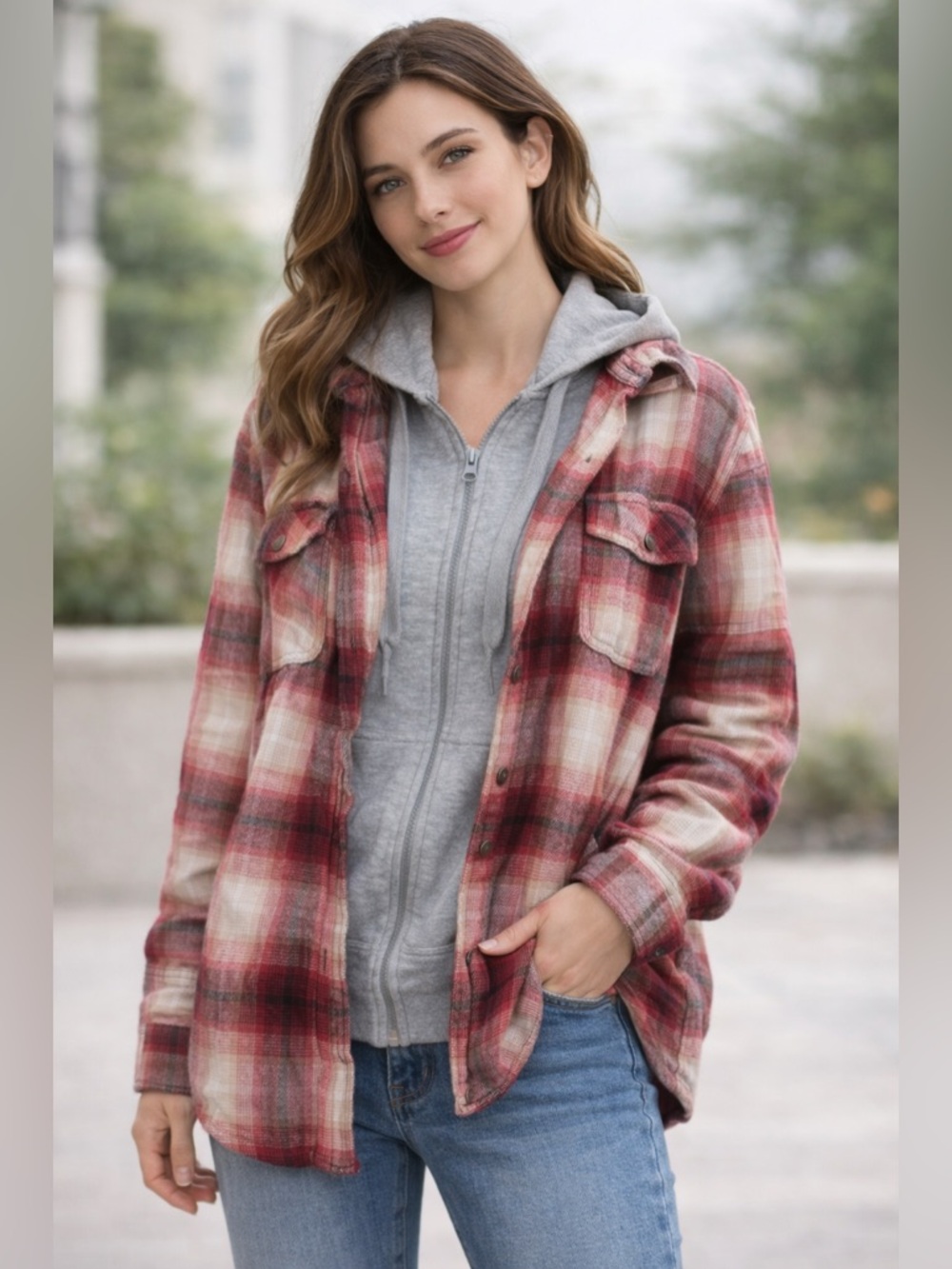 Natural Reflections Red Plaid Hooded Shacket Large